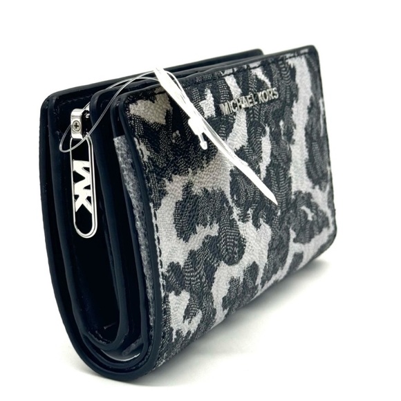 Michael Kors Medium Empire Leopard Logo Snap ZA Wallet Black Multi - Picture 4 of 10